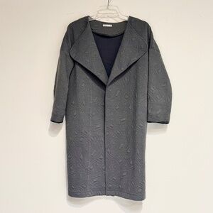 Grey Geo-Patterned, Lightweight Coat w/Leather Trim